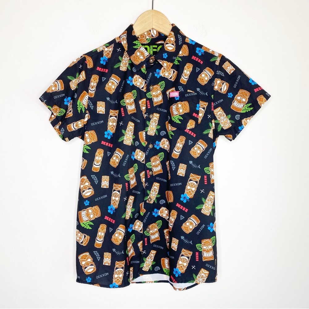 Dixxon Flannel Co Tiki Short Sleeve Button Up Hawaiian Shirt Black Youth Large